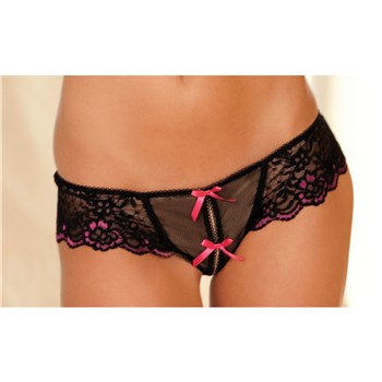 Crotchless Cross-Dyed Lace Thong blk/fuchsia front