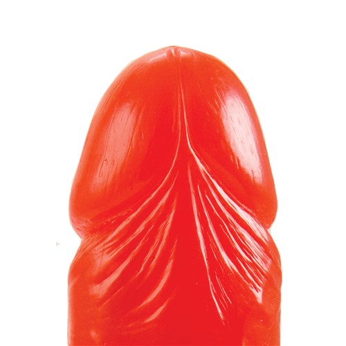 Red 9" Big Boy Dildo With Balls close up of head