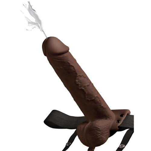 9" Hollow Squirting Strap-On With Balls brown