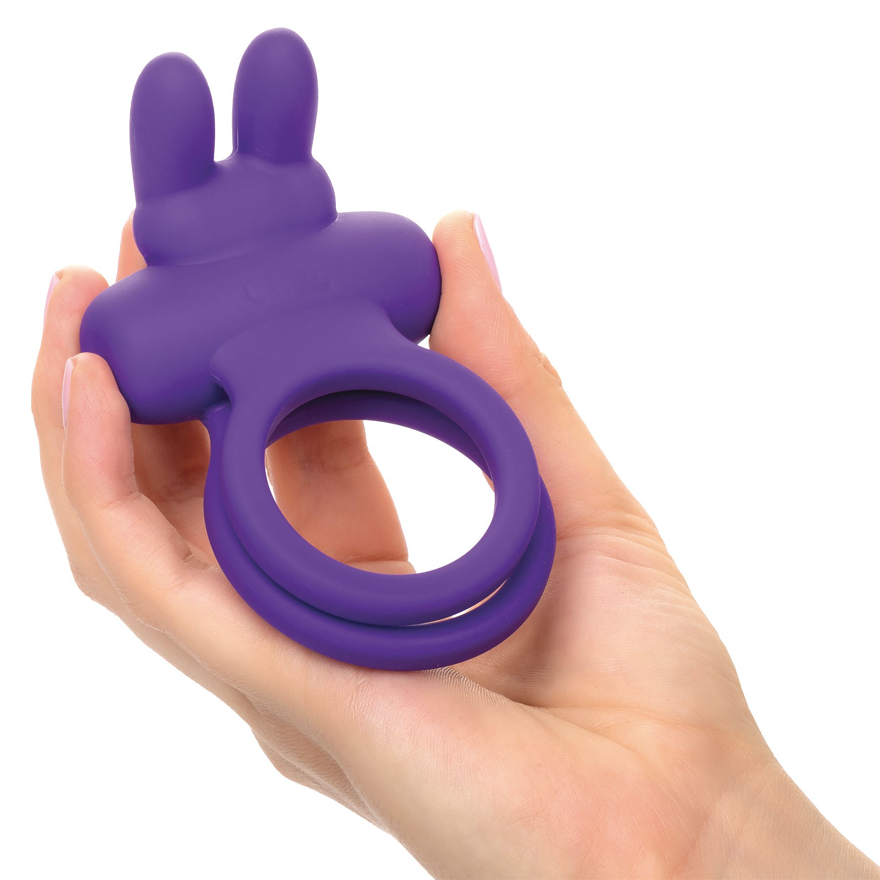 Adam & Eve Silicone Rechargeable Rockin' Rabbit Enhancer in hand