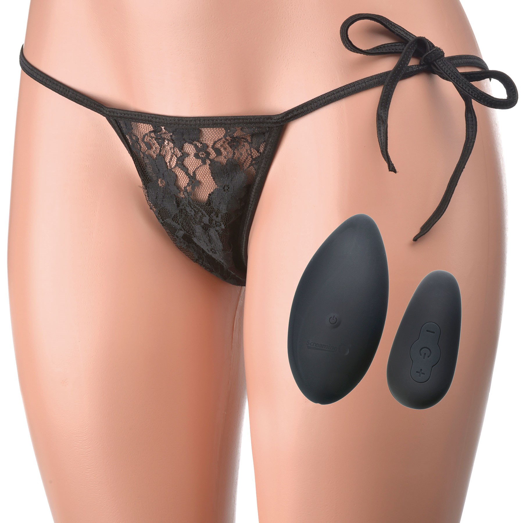 Screaming O Ergonomic Panty Set model wearing panties with image of vibrator and remote