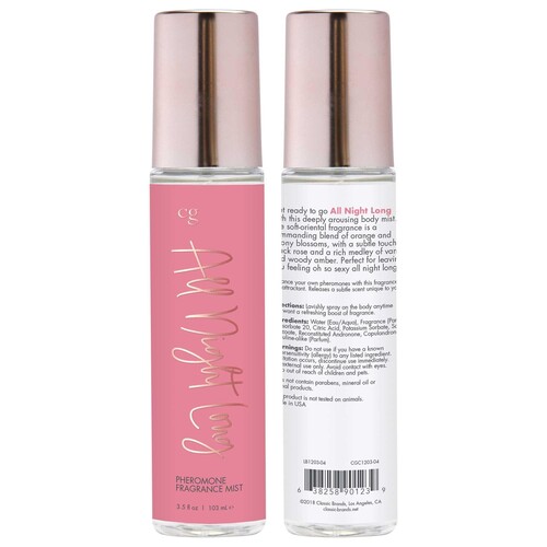 All Night Long Pheromones Body Mist front and back of bottle