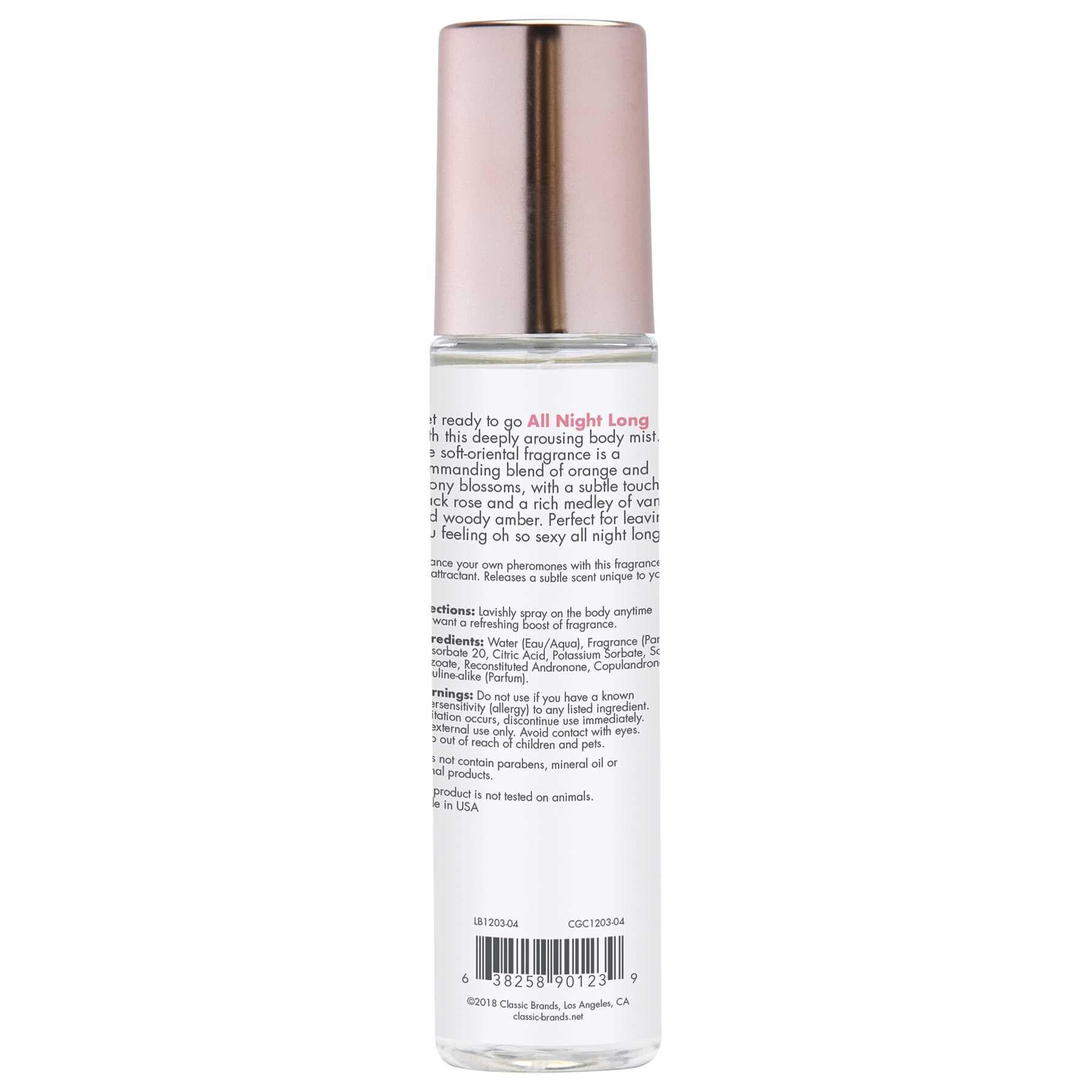 All Night Long Pheromones Body Mist back of bottle