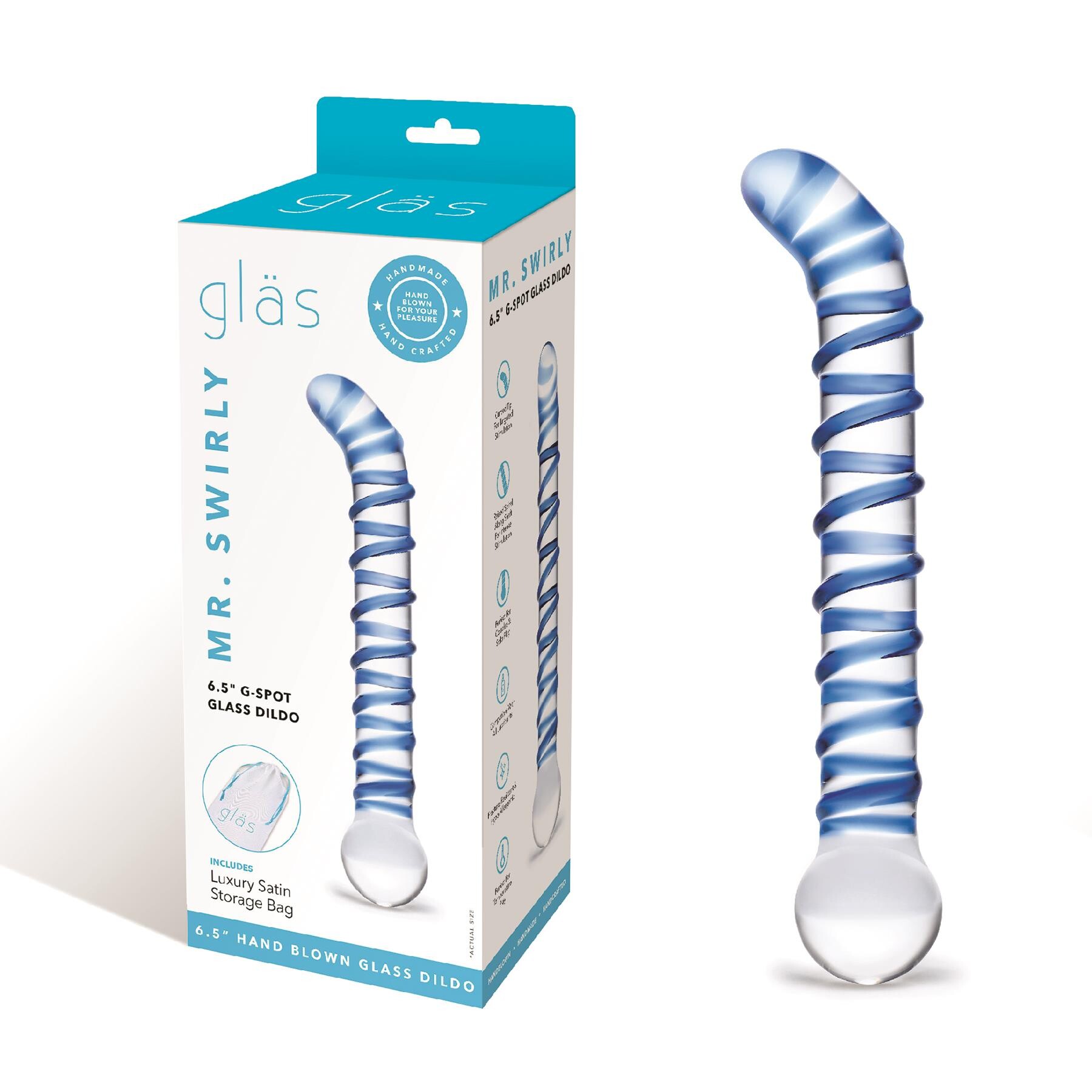 Glas Mr Swirly G-Spot Glass Dildo Product and Box Shot