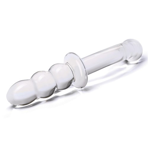 Glas 8 Inch Ribbed G-Spot Glass Dildo	Laying Down