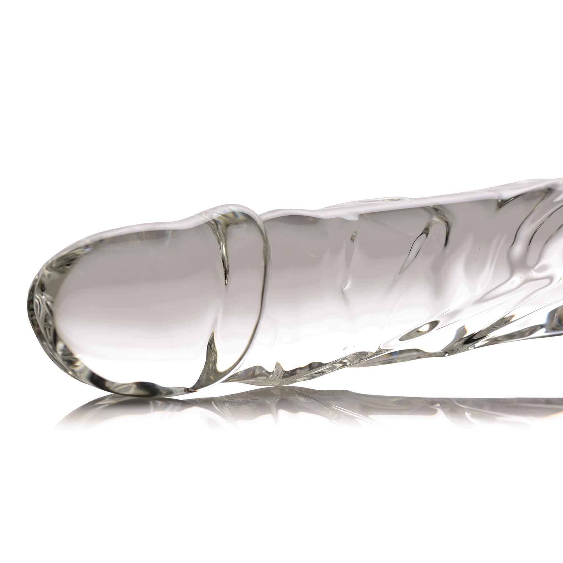 Brutus Glass Thruster Dildo Close up of Penis end
