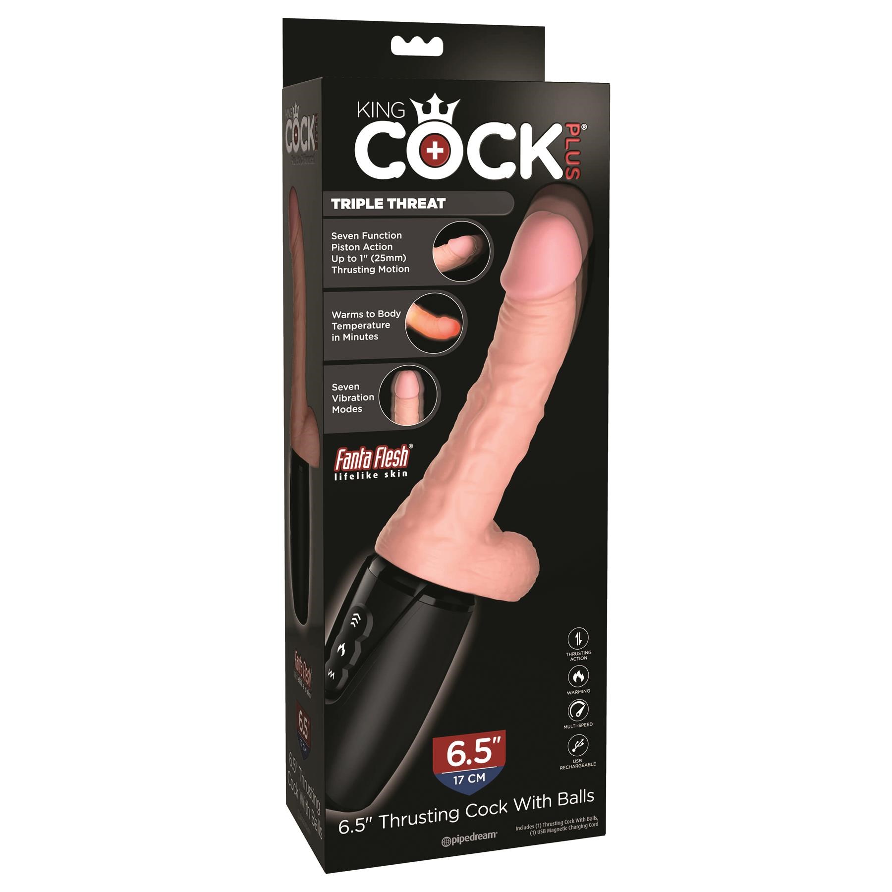 KingCock 6.5" Triple Threat Thrusting Warming Dildo Packaging Shot