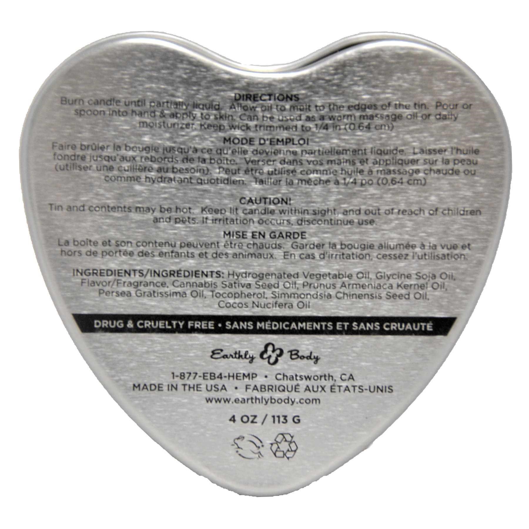 EARTHLY BODY EDIBLE MASSAGE CANDLE BACK LABEL