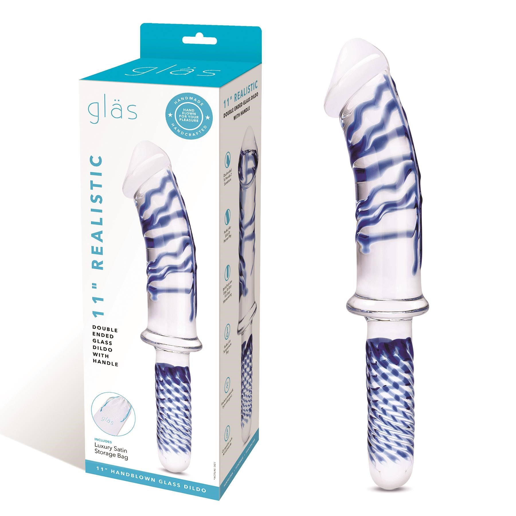 Glas 11" Realistic Double Ended Glass Dildo - Product and Packaging