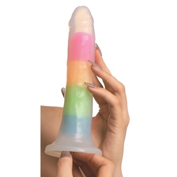 Lollicock 7 Inch Glow In The Dark Rainbow Dildo - Hand Shot to Show Size