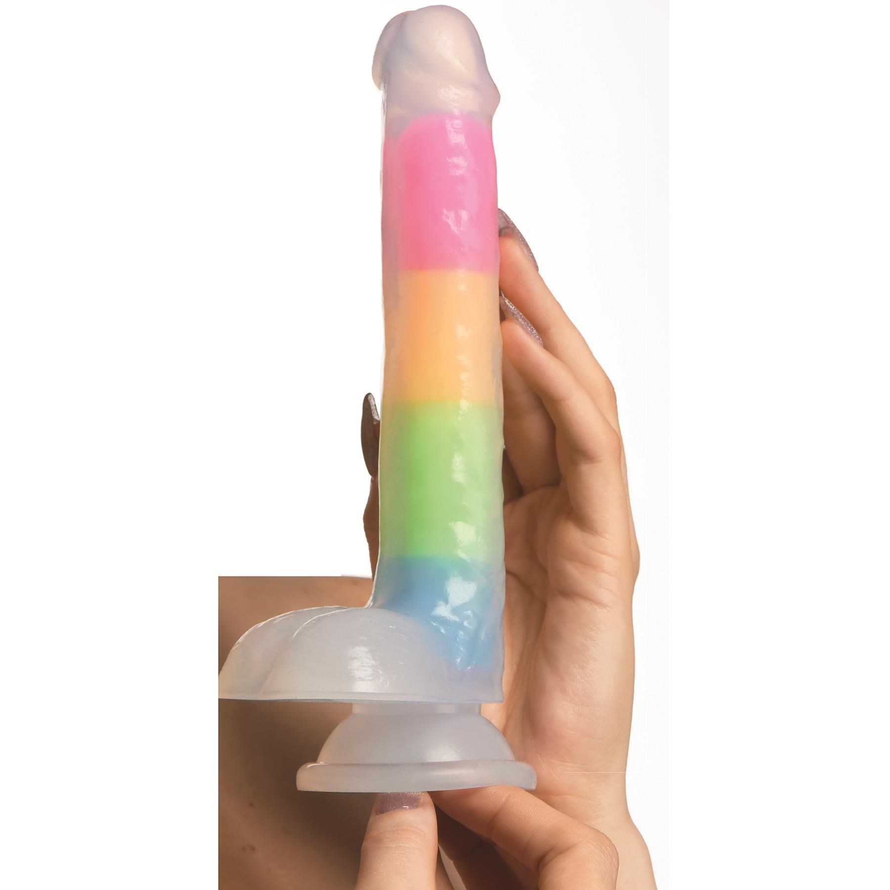 Lollicock 7 Inch Glow in the Dark Rainbow Dildo With Balls - Hand Shot to Show Size