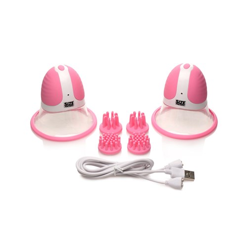 Size Matters Rotating Nipple Suckers With Attachments - Product Shot With Charging Cable