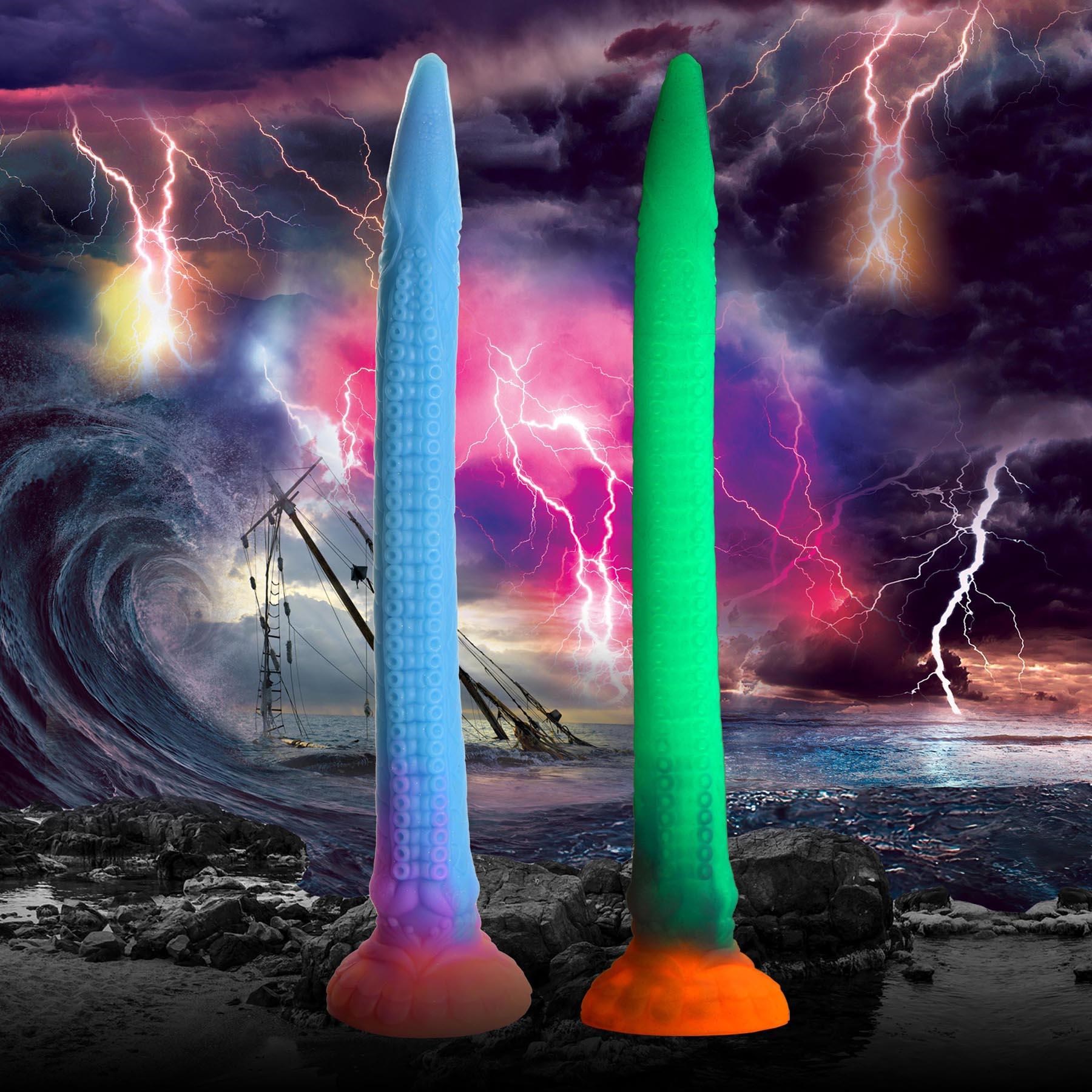 CreatureCocks Makara Snake Dildo - Lifestyle Image to Show Regular Color and Glow in the Dark Color