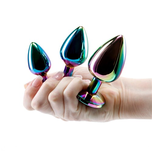 Adam & Eve Rainbow Heart Anal Training Set - Hand Shot to Show Size