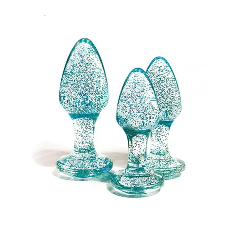 Glitter Gem Butt Plug Set standing on table blue