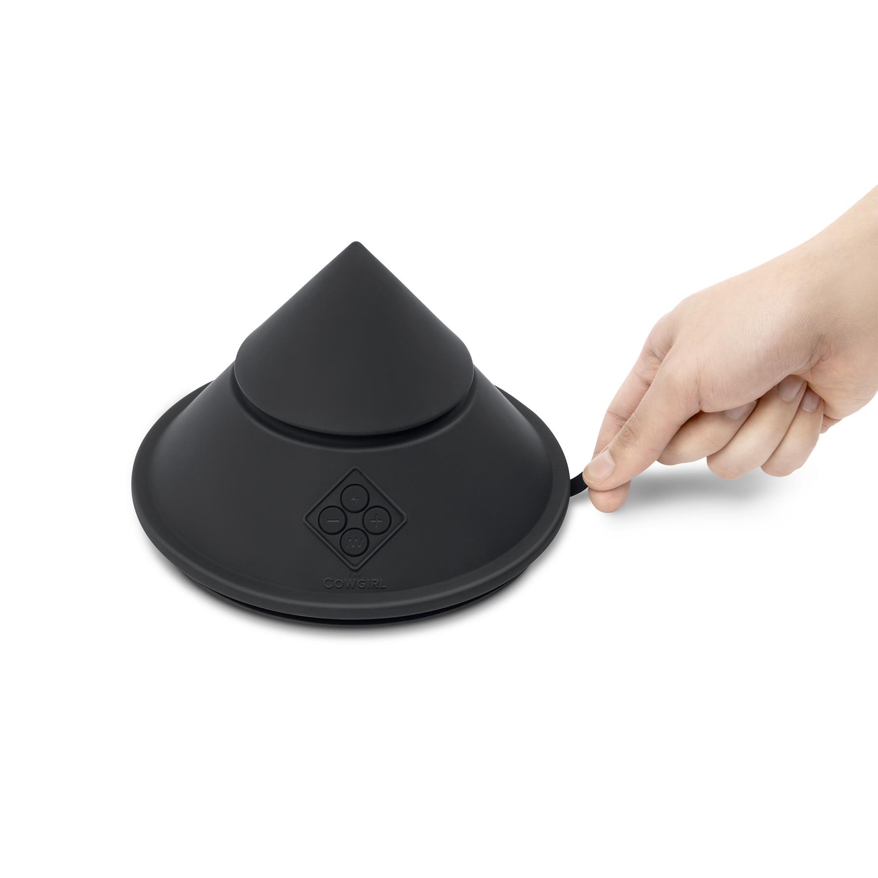 The Cowgirl Cone Sex Machine - Hand shot to Show Where Tab is to Release the Suction Cup