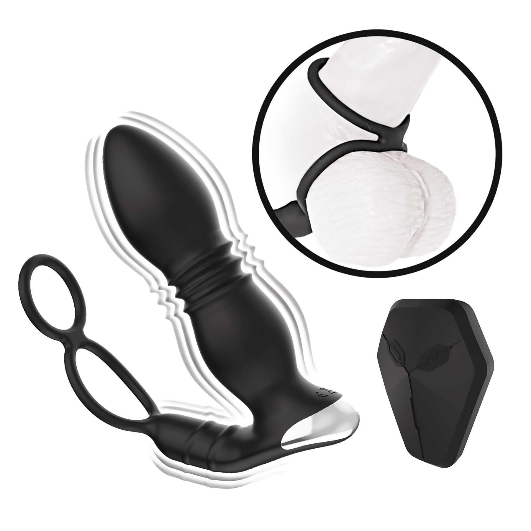 ASS-SATION REMOTE THRUSTING POWER PLUG with remote control and illustration of how to wear the rings