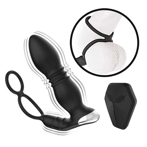 ASS-SATION REMOTE THRUSTING POWER PLUG with remote control and illustration of how to wear the rings