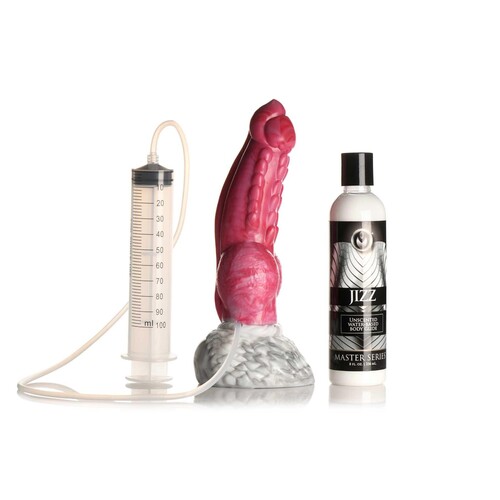 Creature Cock Resurrector Phoenix Squirting Silicone Dildo side view of dildo with syringe and lube
