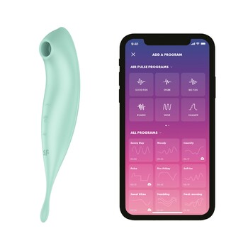 Satisfyer Twirling Pro+ App Enabled Air Pulse Clitoral Stimulator - Product and Phone App