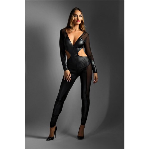 Edge long sleeve mesh & wetlook catsuit o/s front