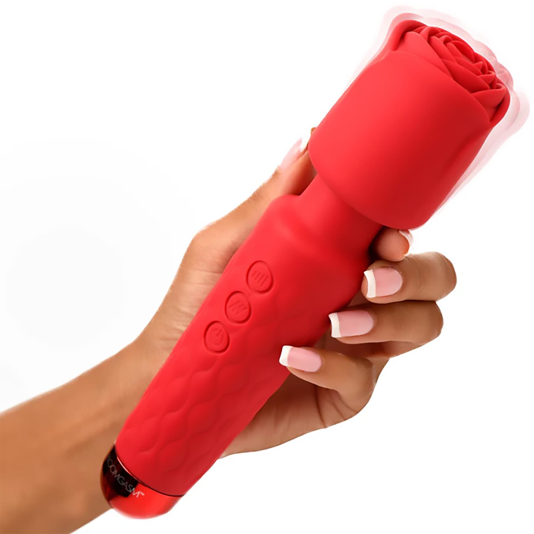 BLOOMGASM PLEASURE ROSE WAND WITH ATTACHMENT SHOWN HELD SHOT