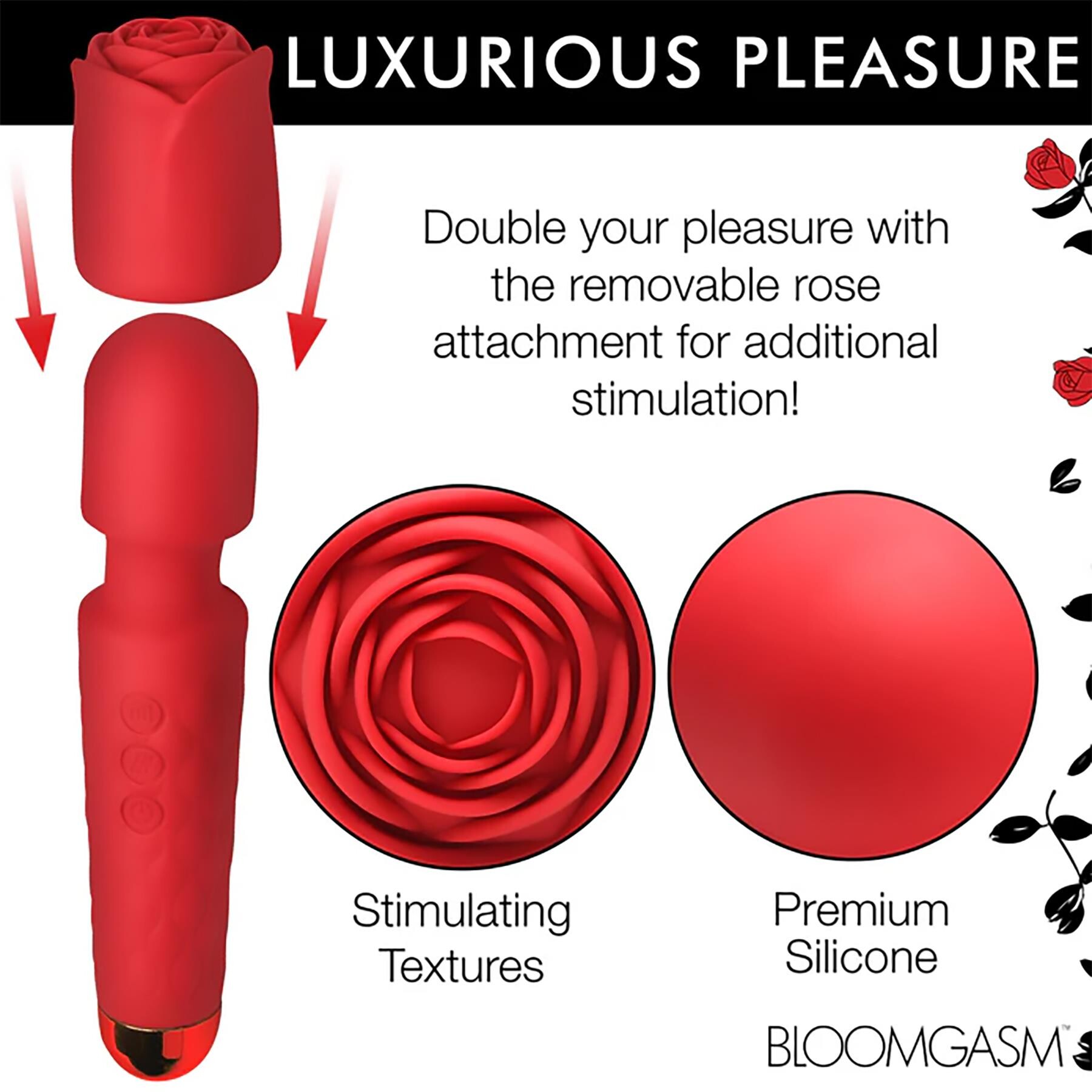 BLOOMGASM PLEASURE ROSE WAND WITH ATTACHMENT CLOSE UP SHOT