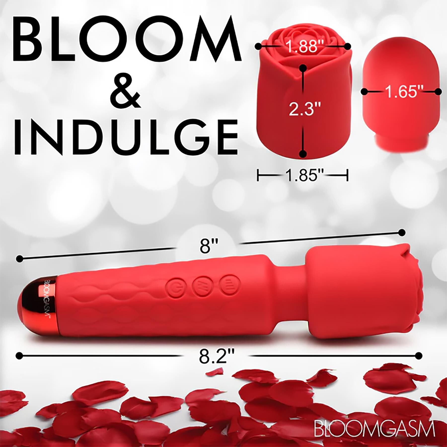 BLOOMGASM PLEASURE ROSE WAND WITH ATTACHMENT DIMENSIONS SHOT