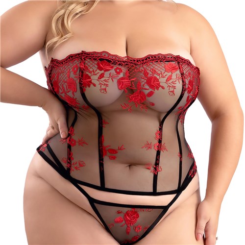 Floral embroidered mesh corset and g-string panty q/s front cropped