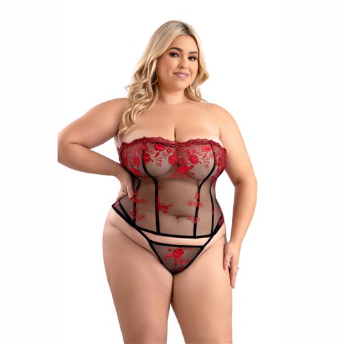 Floral embroidered mesh corset and g-string panty q/s front