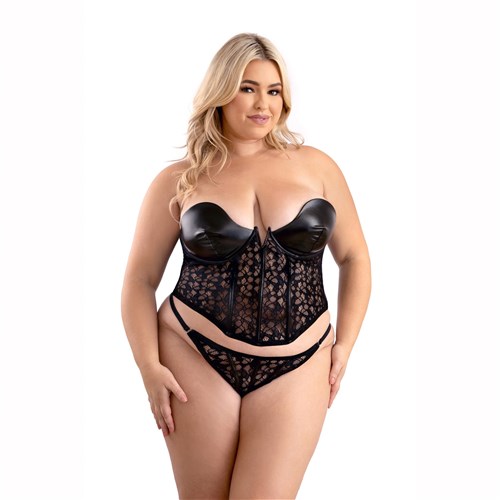Leather look and lace corset and g-string panty q/s front