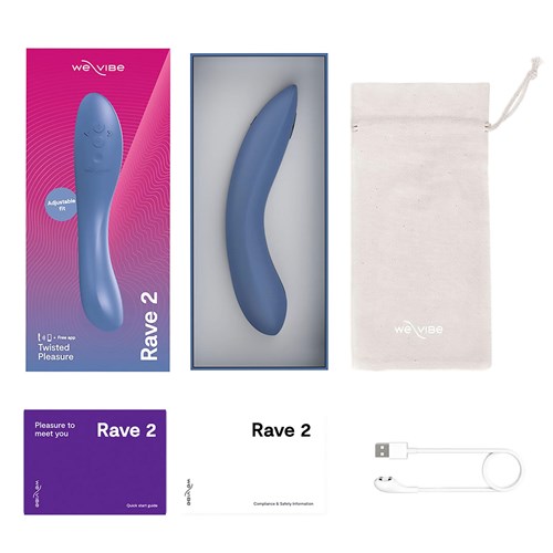 We-Vibe Rave 2 App Enabled G-Spot Vibrator product, charger and manual