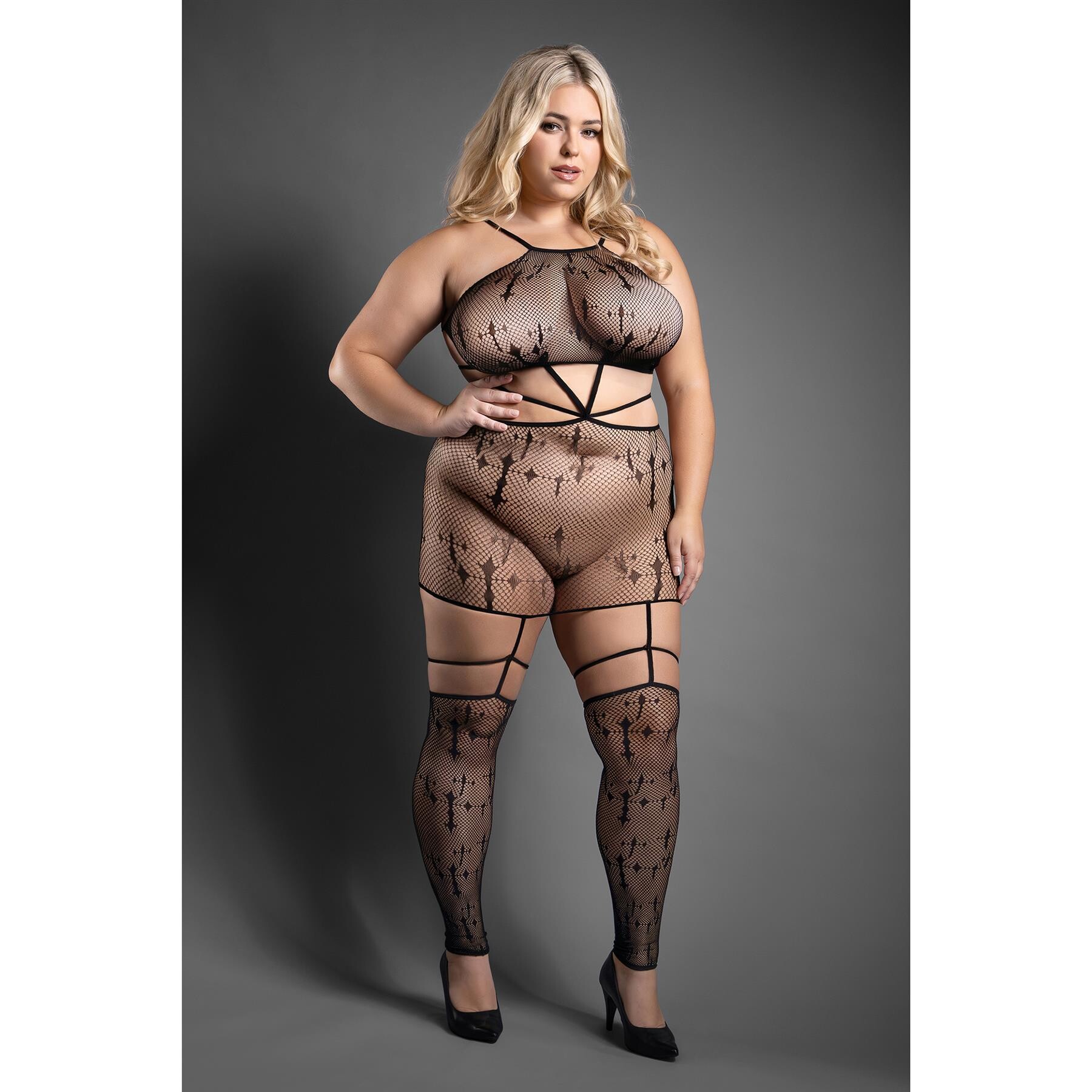 UNHOLY strappy gothic cross knit footless bodystocking dress q/s front