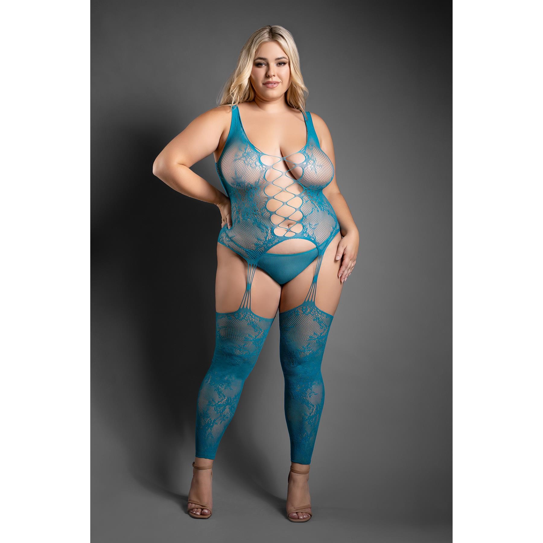 EVERLASTING reversible footless floral knit bodystocking & g-string panty q/s front
