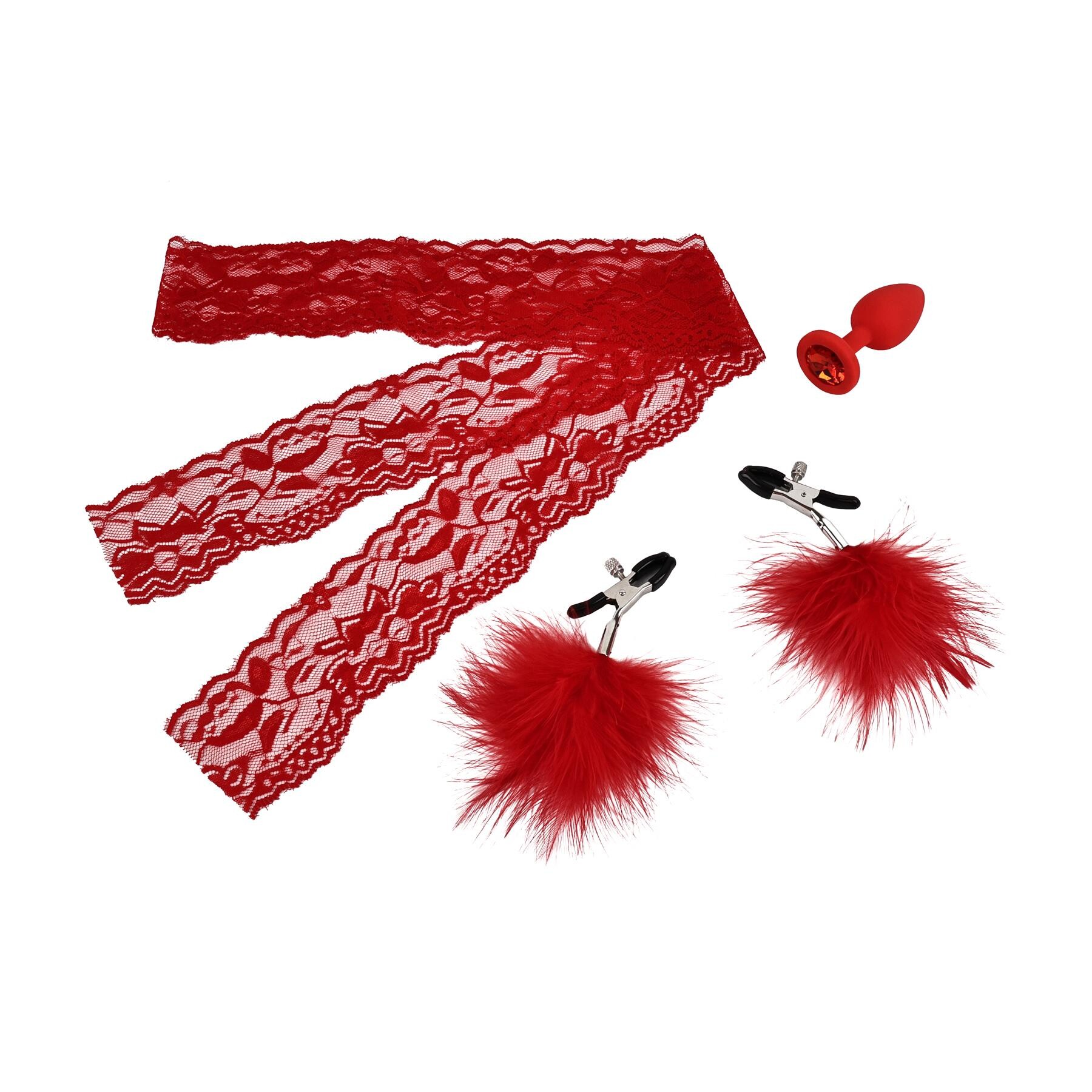 Adam & Eve Deluxe Red Hot Sex Kit - Ties, Nipple Clamps, and Anal Plug