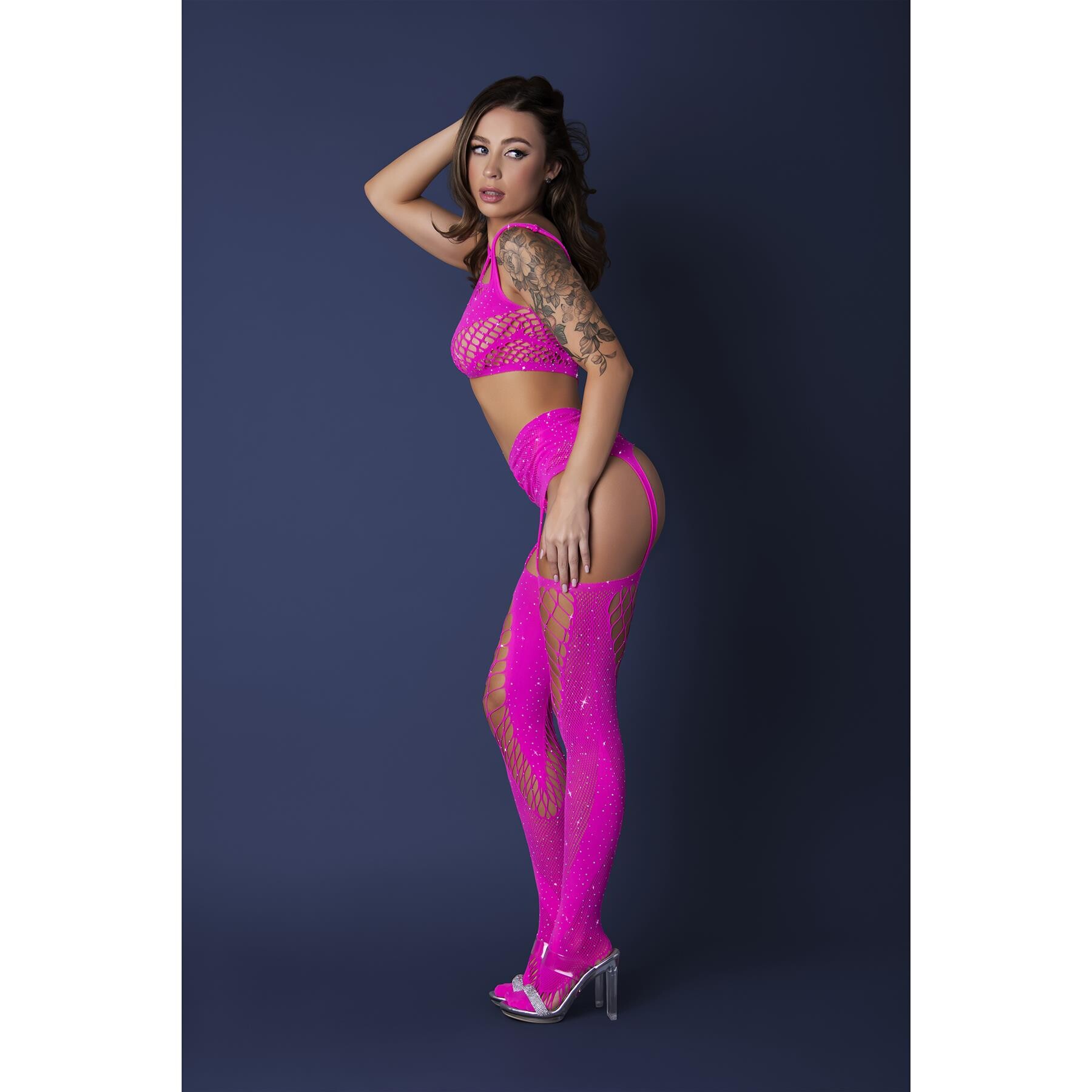 EXPOSED SEAMLESS CRYSTAL BRA, GARTER STOCKING side