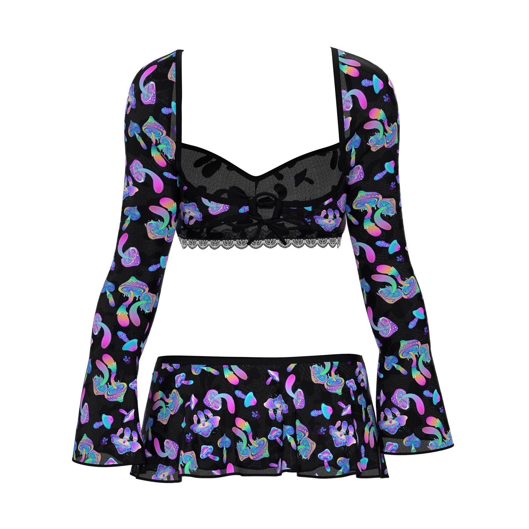 Hazy Dayz Shroomz  Crop Top, Skirt & G-String Set ghost front