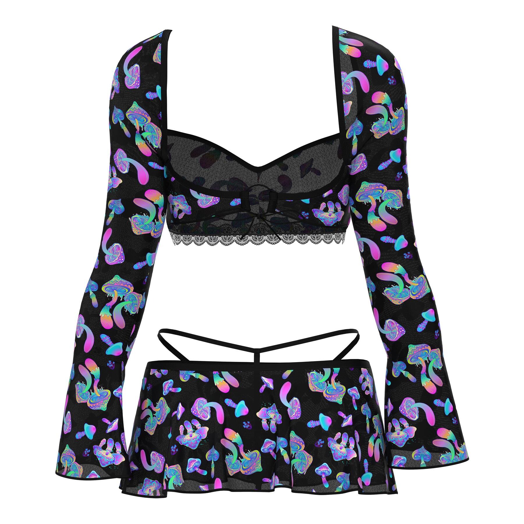 Hazy Dayz Shroomz  Crop Top, Skirt & G-String Set ghost back