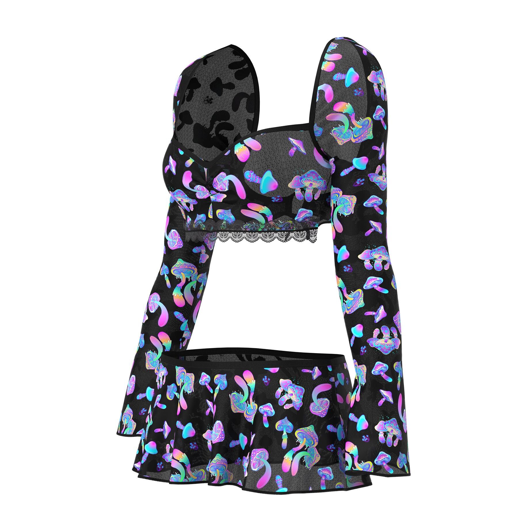 Hazy Dayz Shroomz  Crop Top, Skirt & G-String Set ghost front