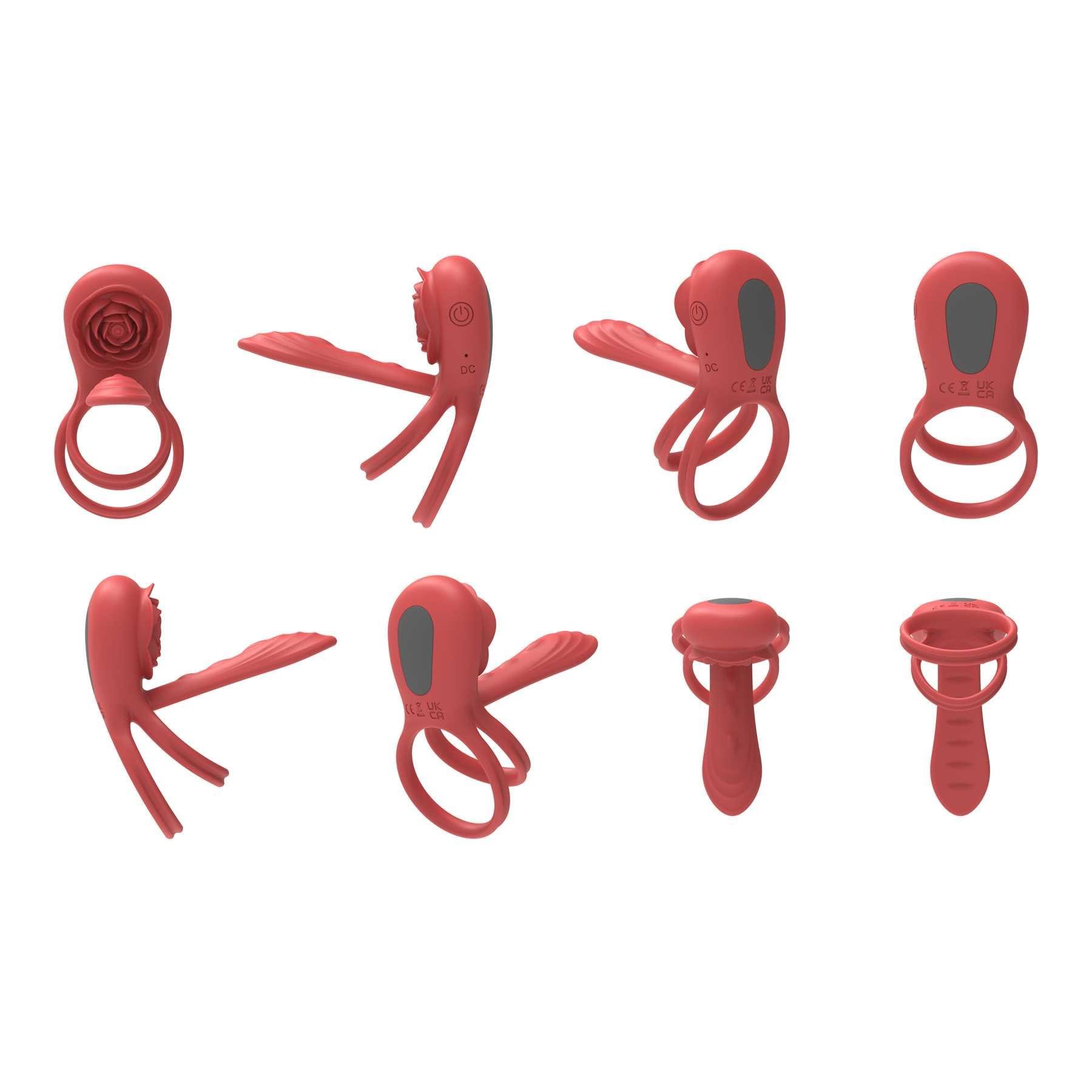 A&E Rose Vibrating C-Ring shown in 8 different poses