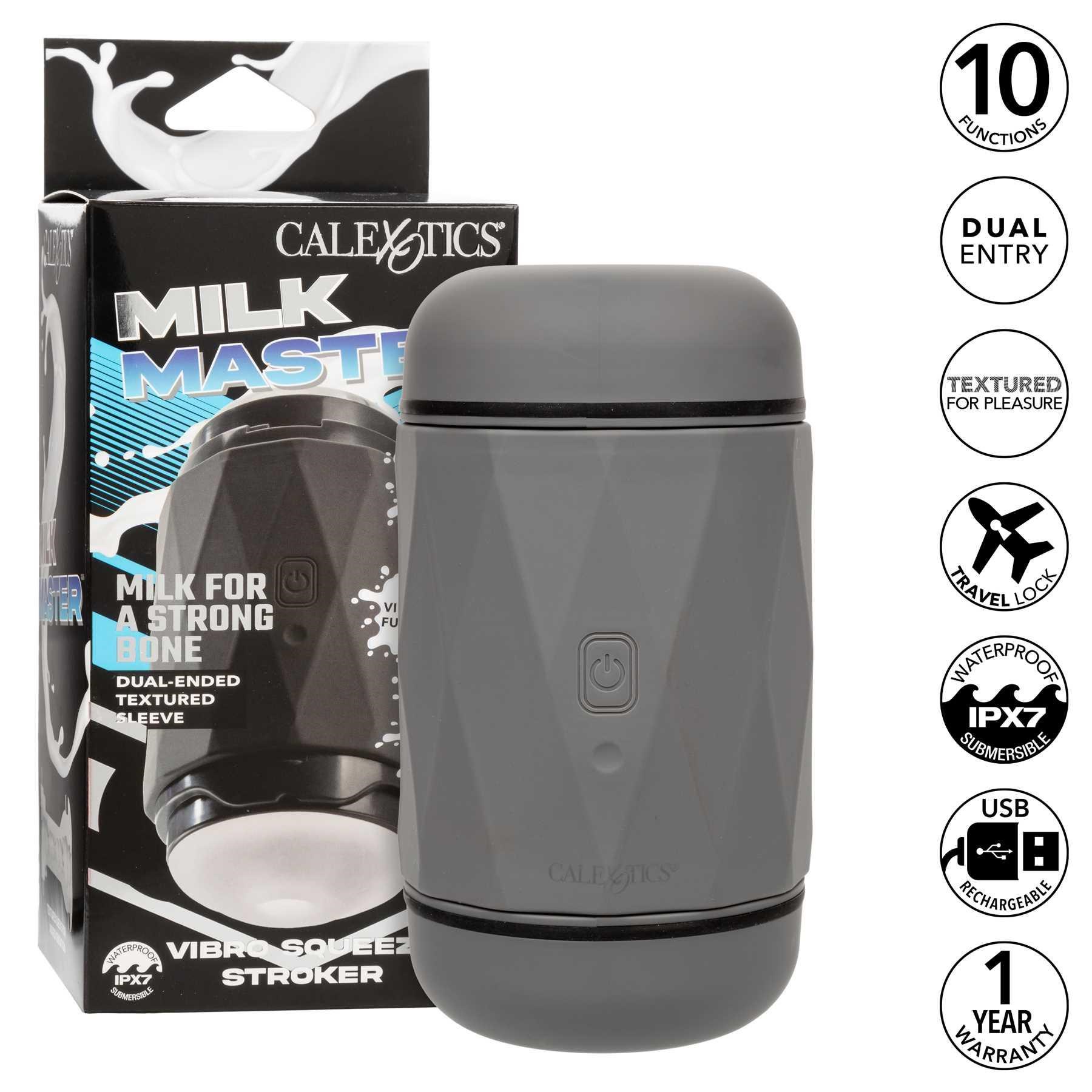 Milk Master Vibro Squeeze Stroker with call out features sheet and package