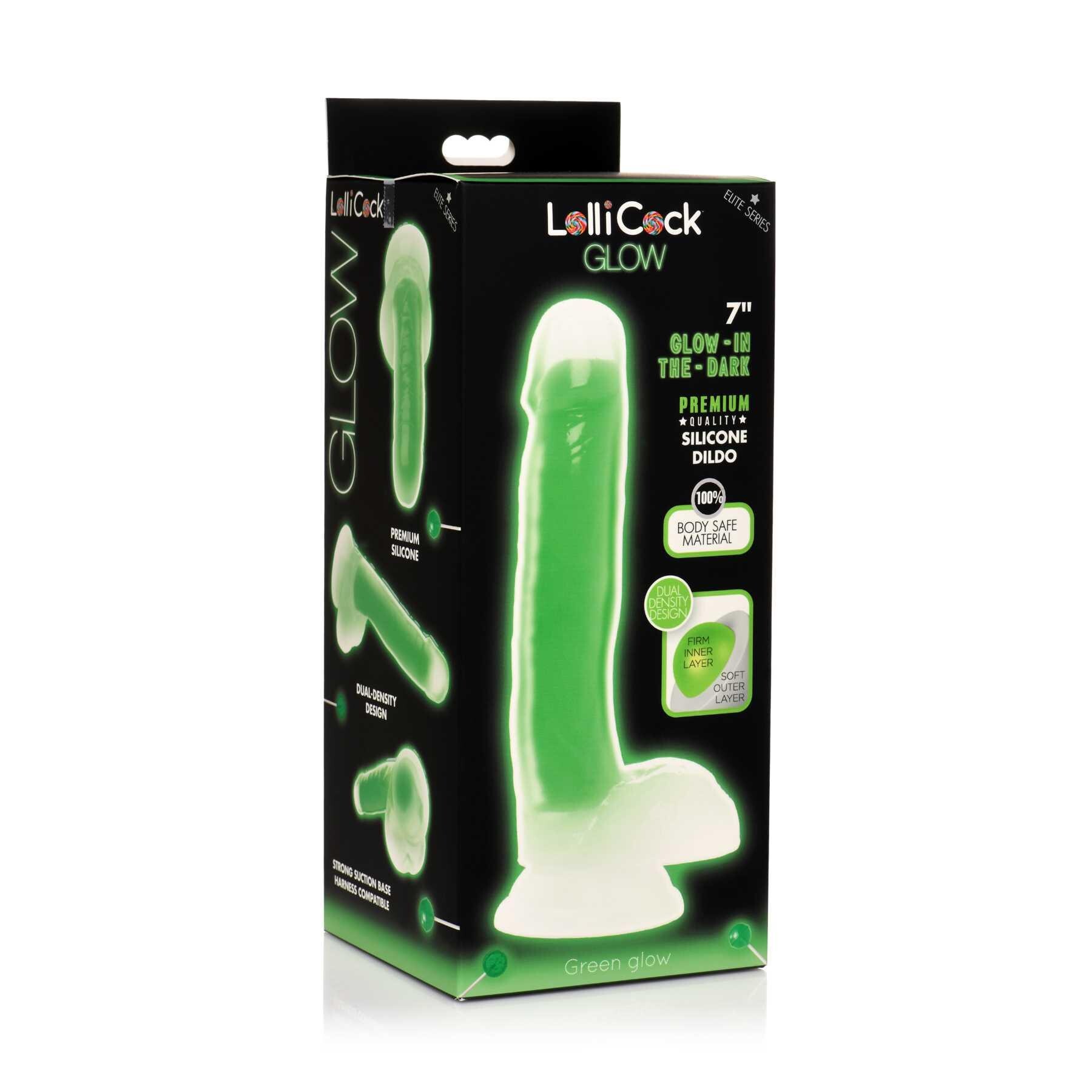 7 Glow-in-the-Dark Silicone Dildo w Balls green angled box