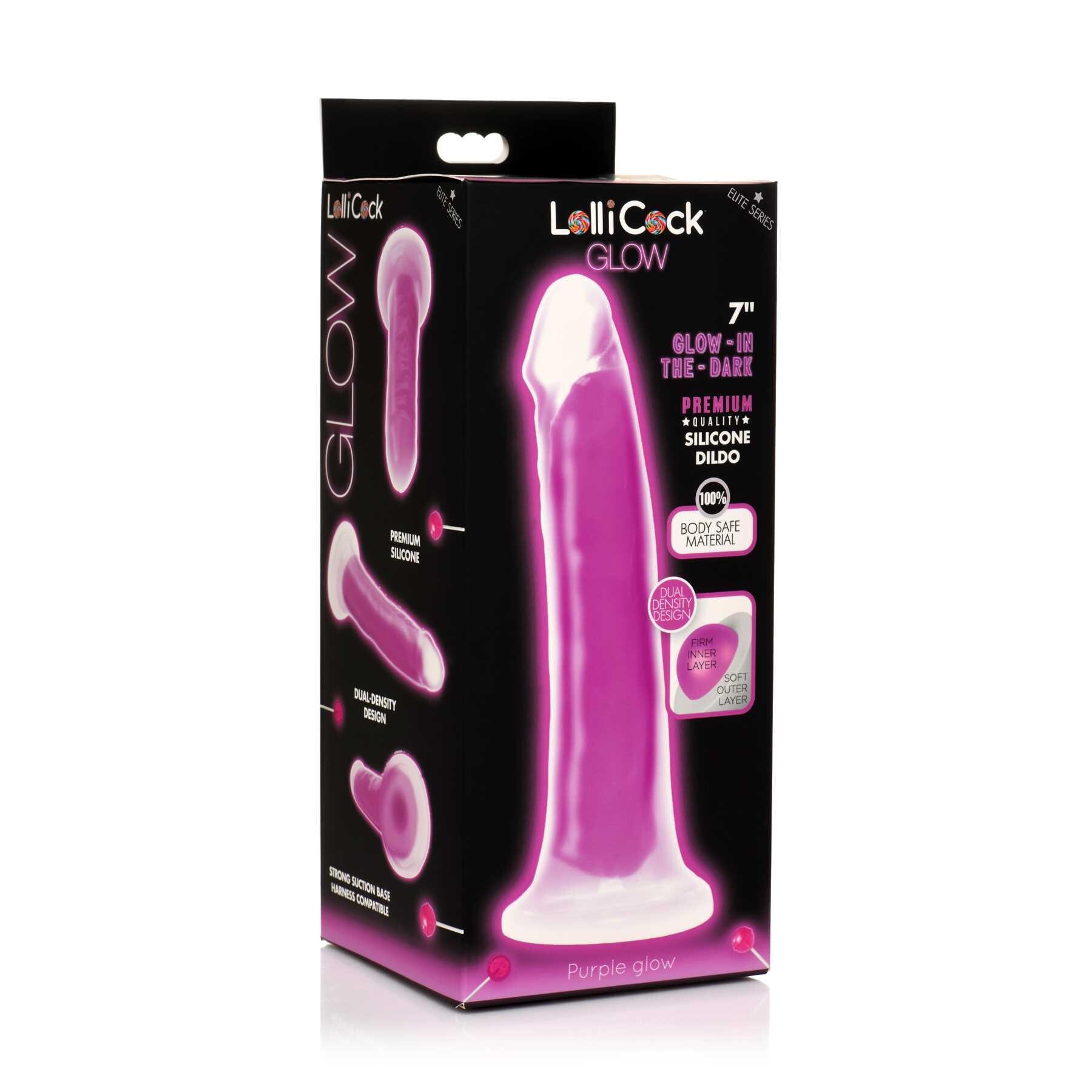7 Glow-in-the-Dark Silicone Dildo w Balls purple angled box