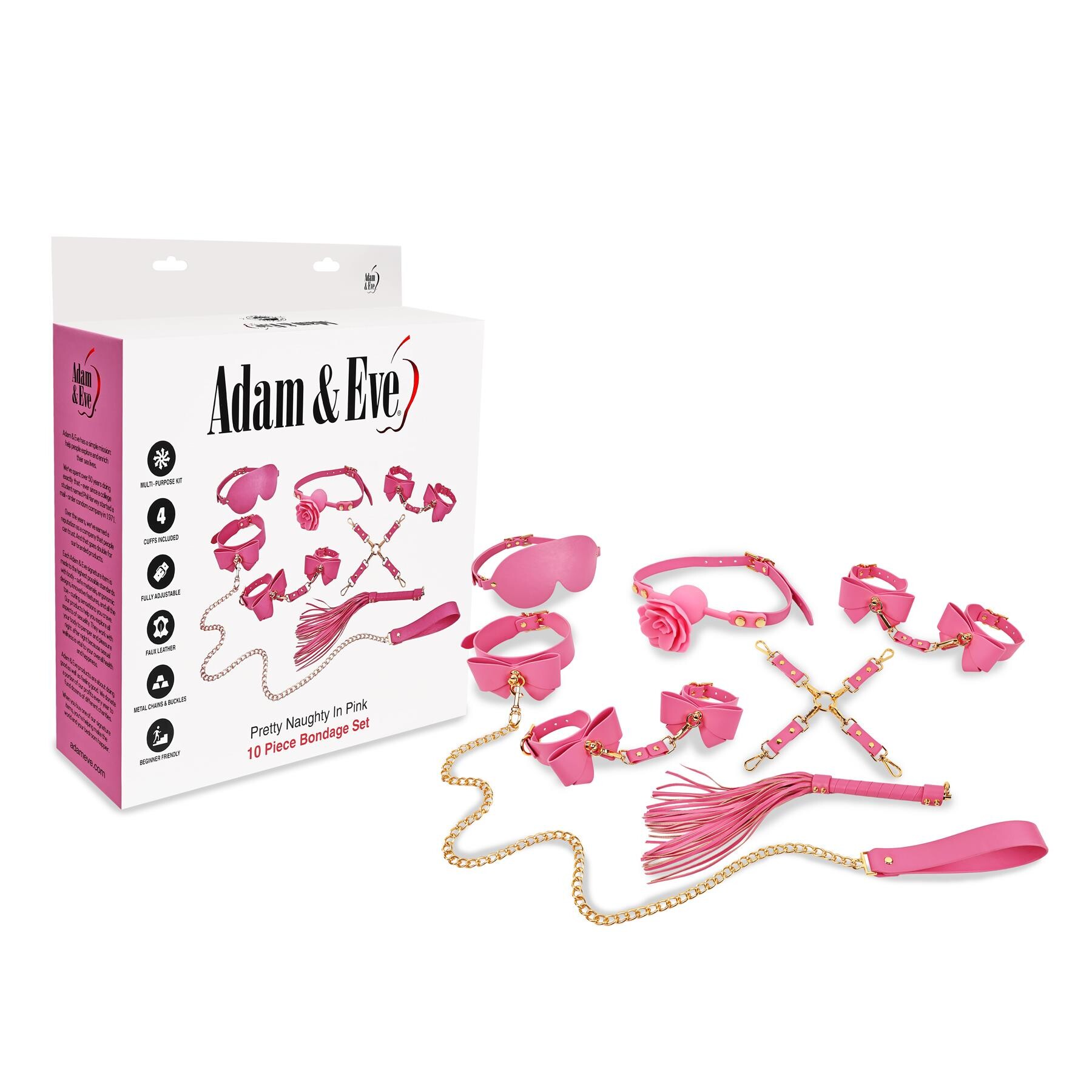 Adam & Eve Pretty Naughty In Pink 10 Piece Bondage Set and front of box