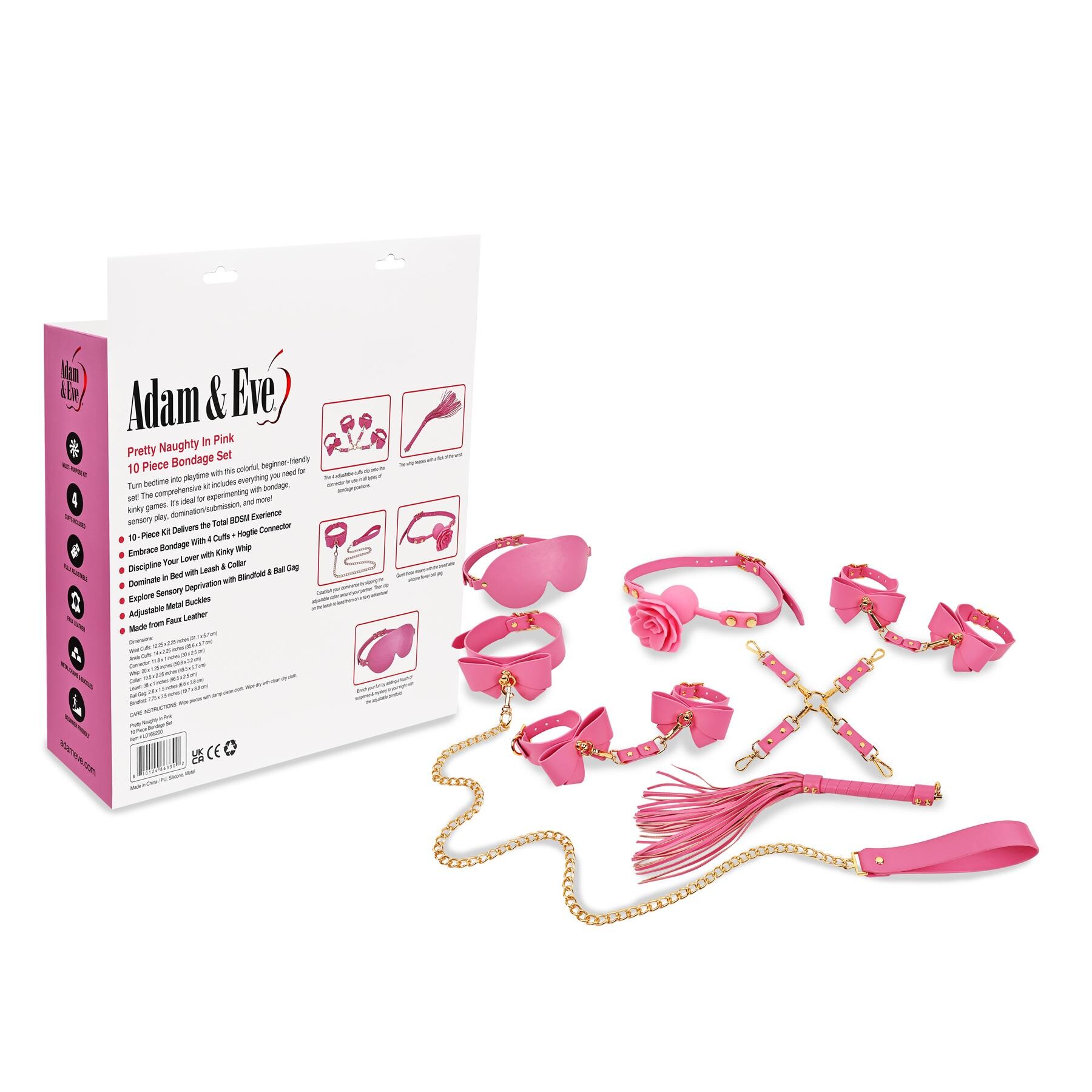 Adam & Eve Pretty Naughty In Pink 10 Piece Bondage Set and back of box