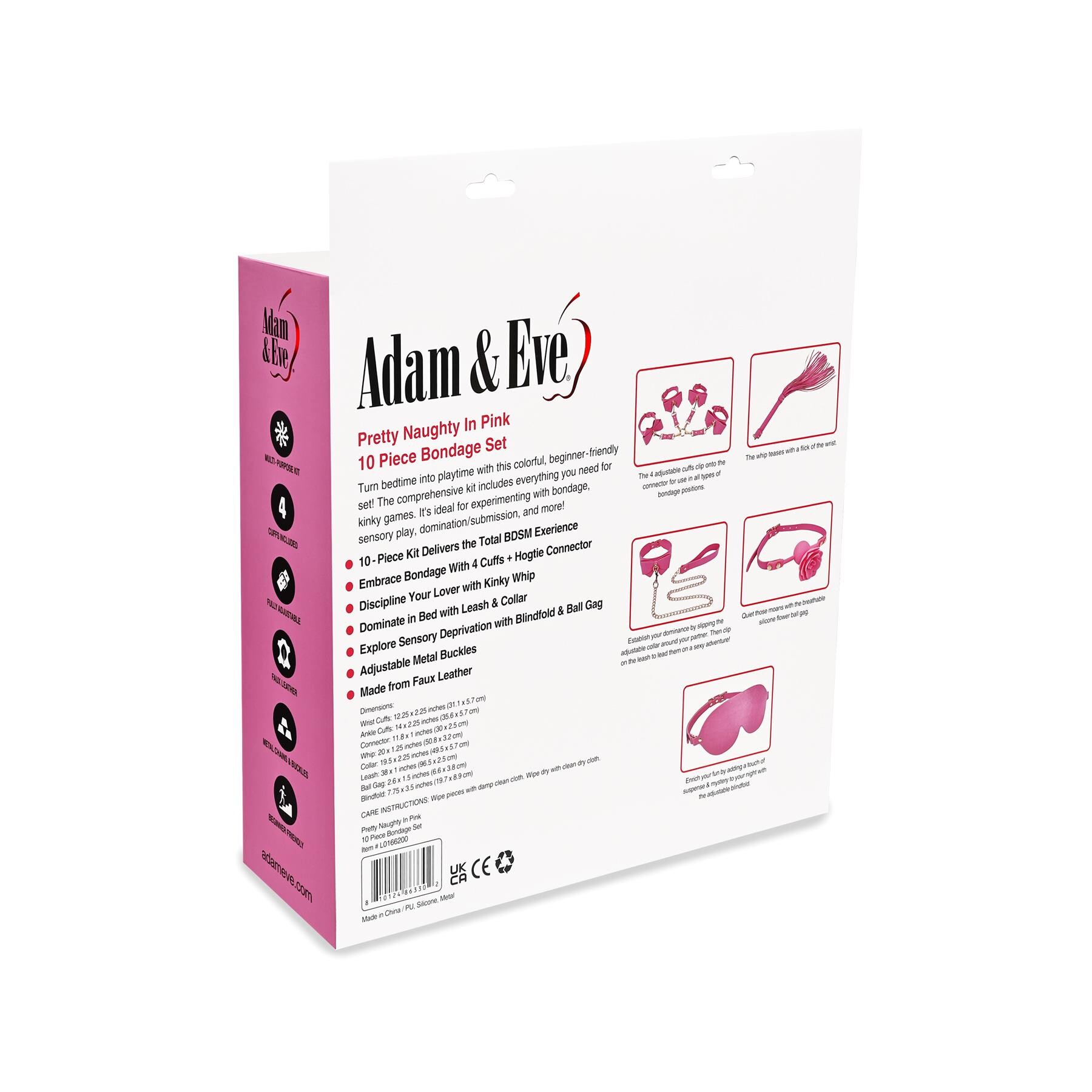 Adam & Eve Pretty Naughty In Pink 10 Piece Bondage Set back of box