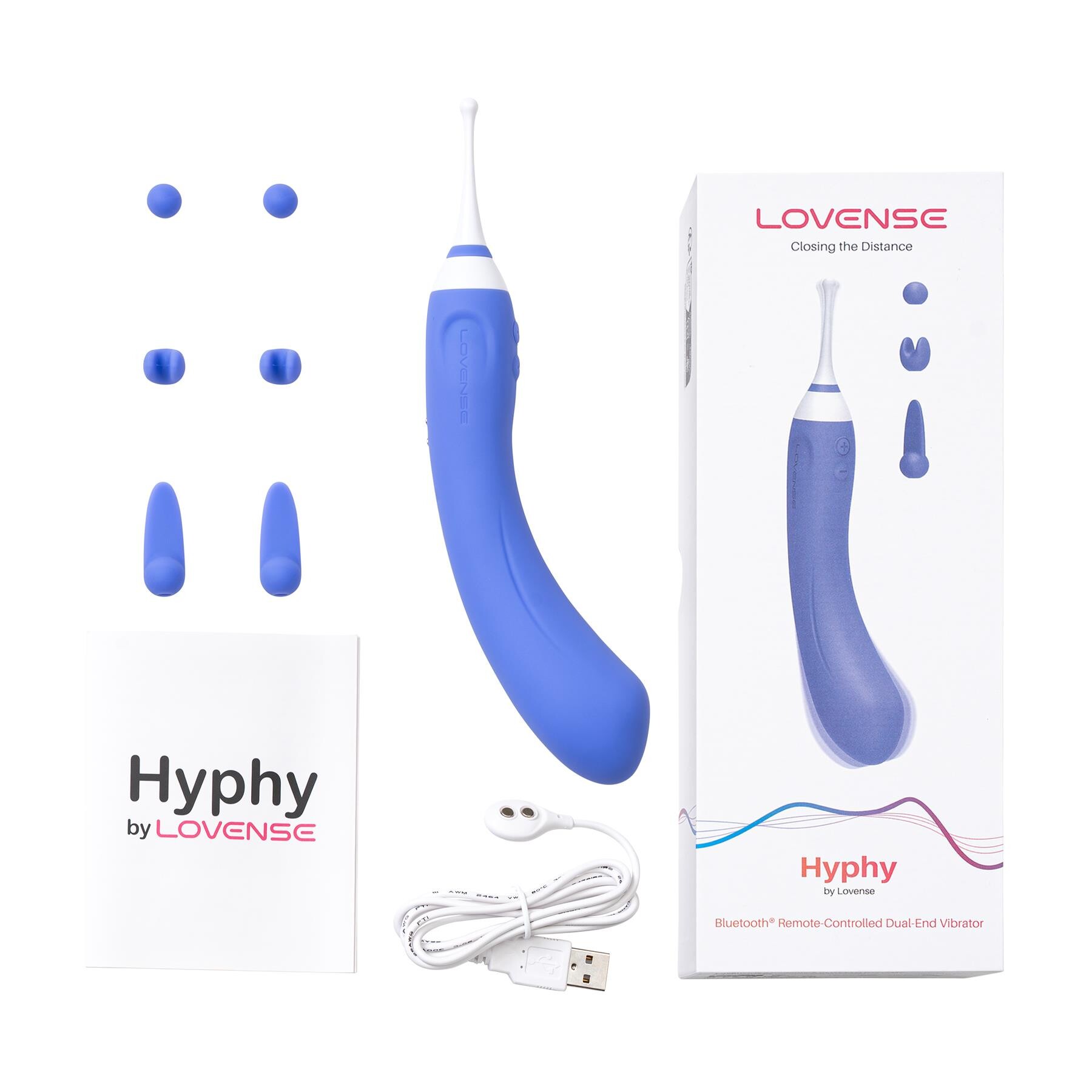 Lovense Hyphy Bluetooth Dual End Vibrator with attachments, charger, manual and package