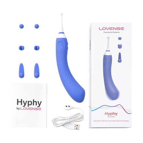 Lovense Hyphy Bluetooth Dual End Vibrator with attachments, charger, manual and package