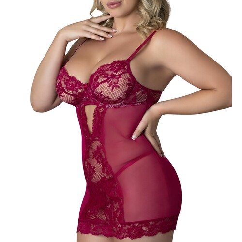 Black Cherrry Demi Cup Chemise & Thong Set queen front cropped