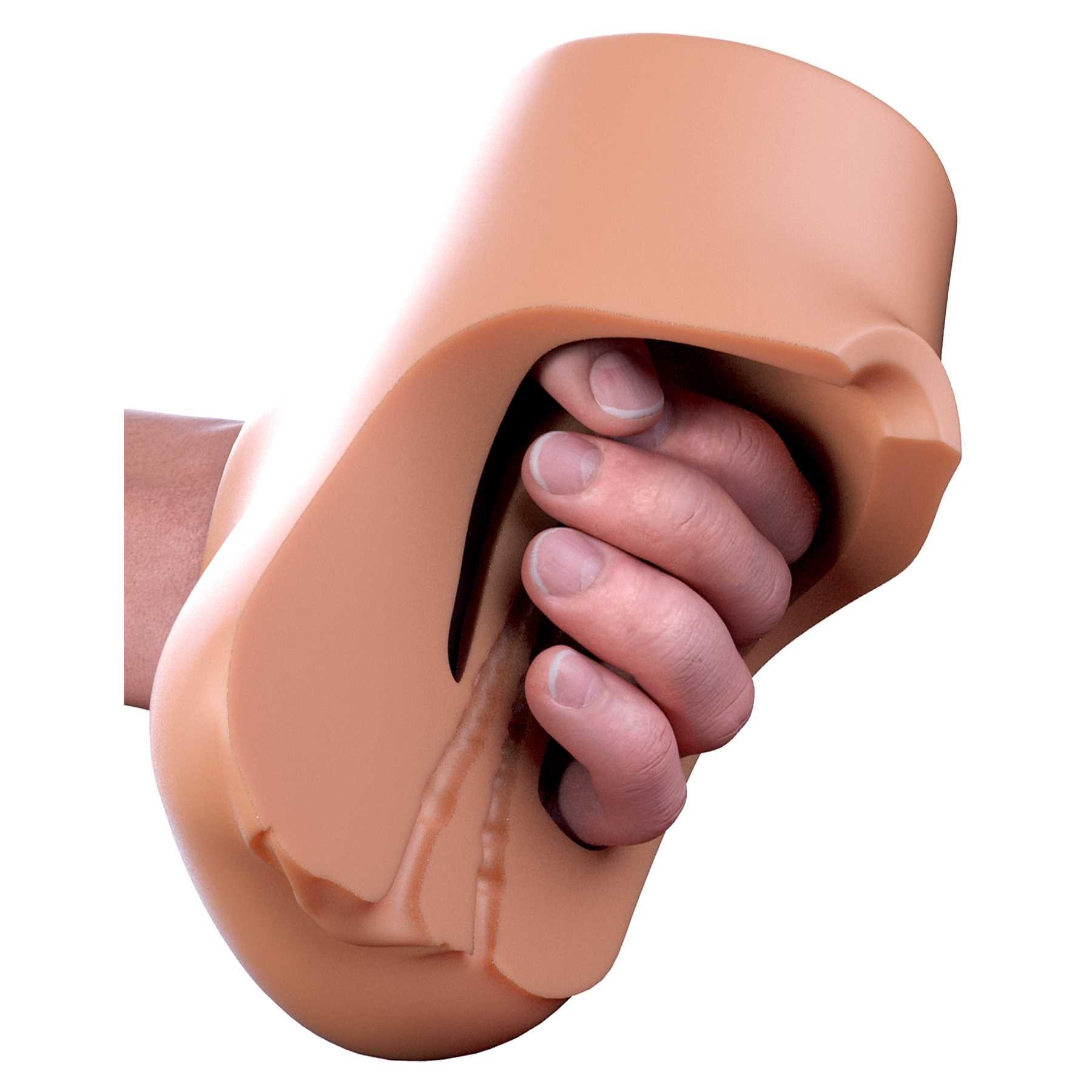 PDX Plus Double Pounder Vibrating Squeeze Stroker brown being used